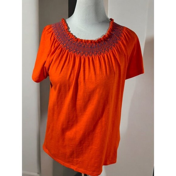 J Crew Womens Boho Embroidered Smocked Neck Lightweight Orange Top NEW Small - Picture 7 of 7